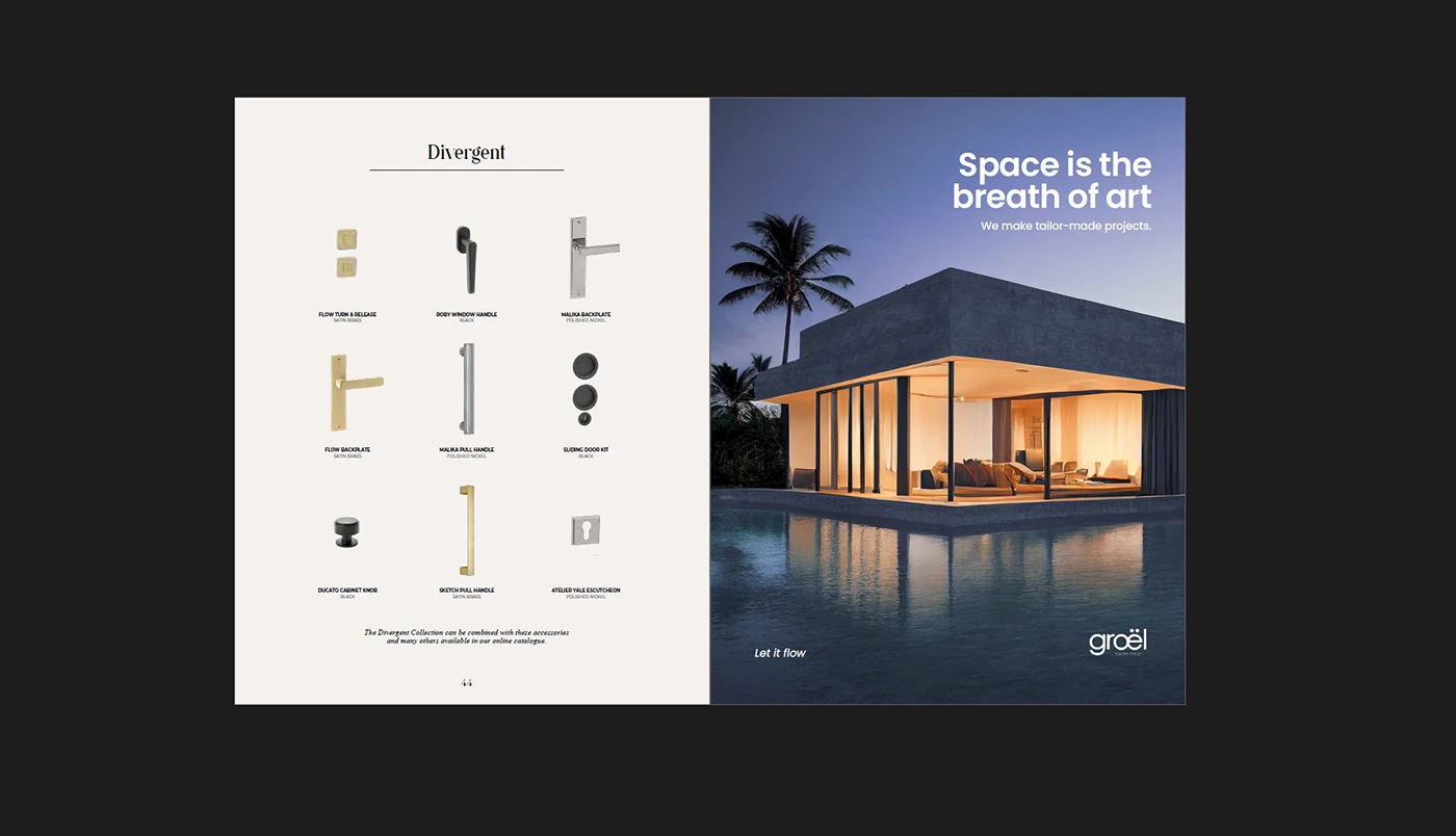 La colección Divergent de accesorios junto a la publicidad propia Space is the breath of art: una villa con piscina al anochecer
