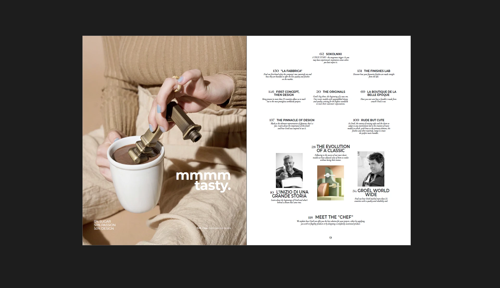 Doble página del sumario: una manilla de latón removiendo chocolate a la taza — «mmmm tasty» — junto al índice de artículos de la revista